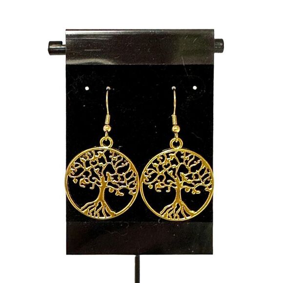 Tree of Life Earrings Gold Plated French Hook Ear Wires - Picture 4 of 6